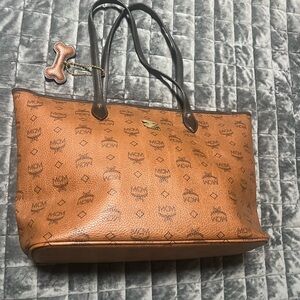 MCM Cognac Visetos Tote with Black Handles